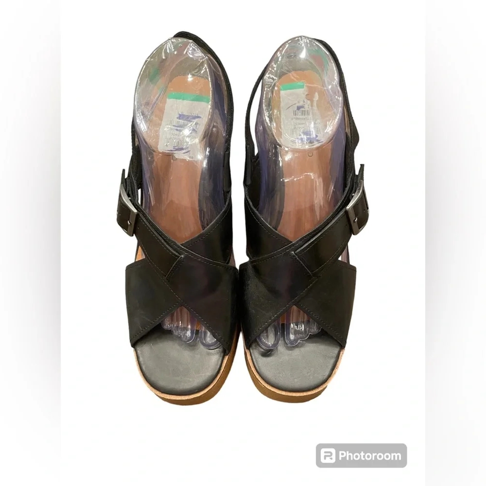 LUCKY BRAND Delaynee Platform Wedge Sandal ‎ Leather Slingback Black Size 9.5